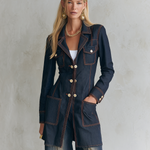 Vintage Chic Dark Rinse Contrast Stitch Double Breasted Longline Denim Blazer