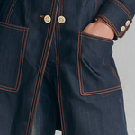 Vintage Chic Dark Rinse Contrast Stitch Double Breasted Longline Denim Blazer