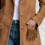 Retro Western Faux Suede Fringe Jacket With Notched Lapels And Pockets