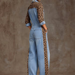 Loose-fitting Retro Leopard Print Patchwork Light Blue Denim Wide-leg Jumpsuit