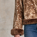 Stylish Retro Faux Fur Collar Brown Deer Print Velvet Jacket