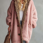 Casual Vintage Lazy Pink Leopard Trim Oversized Sherpa Fleece Hooded Teddy Coat