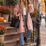 Casual Vintage Lazy Pink Leopard Trim Oversized Sherpa Fleece Hooded Teddy Coat