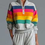 Retro Rainbow Striped Quarter Zip Sweatshirt Cargo Wide Leg Sweatpants Two Piece Set
