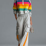 Retro Rainbow Striped Quarter Zip Sweatshirt Cargo Wide Leg Sweatpants Two Piece Set