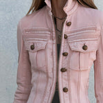 Vintage Military Stand Collar Zip-Up Gold Button Fitted Washed Pink Denim Jacket