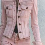 Vintage Military Stand Collar Zip-Up Gold Button Fitted Washed Pink Denim Jacket