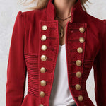 Vintage Military Red Double Breasted Peplum Stand Collar Gold Button Denim Jacket