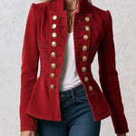 Vintage Military Red Double Breasted Peplum Stand Collar Gold Button Denim Jacket
