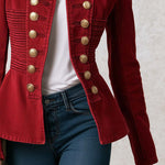 Vintage Military Red Double Breasted Peplum Stand Collar Gold Button Denim Jacket