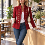 Vintage Military Red Double Breasted Peplum Stand Collar Gold Button Denim Jacket