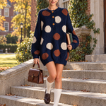 Retro Chic Navy Polka Dot Henley Oversized Chunky Knit Mini Sweater Dress
