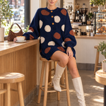 Retro Chic Navy Polka Dot Henley Oversized Chunky Knit Mini Sweater Dress