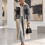 Casual Vintage Grey Herringbone Fleece Patchwork Pocket Zip-Up Long Sherpa Coat