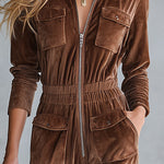 Casual Utility-style Brown Velvet Multi-pocket Jumpsuit