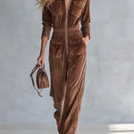 Casual Utility-style Brown Velvet Multi-pocket Jumpsuit