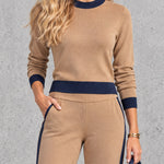Color-blocked Trim Light Brown Knit Top And Pants Set