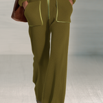 Women's Olive Green Fleece Zip-Up Jumpsuit With Lime Contrast Trim, Retro Wide-Leg
