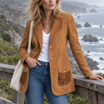 Retro Western Faux Suede Fringe Jacket With Notched Lapels And Pockets