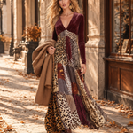 Vintage-Inspired Bohemian Animal-Print V-Neck Velvet Maxi Dress