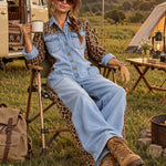 Loose-fitting Retro Leopard Print Patchwork Light Blue Denim Wide-leg Jumpsuit