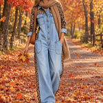 Loose-fitting Retro Leopard Print Patchwork Light Blue Denim Wide-leg Jumpsuit