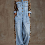 Loose-fitting Retro Leopard Print Patchwork Light Blue Denim Wide-leg Jumpsuit