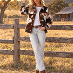 Western Cowgirl Cow Print Faux Suede Button Up Oversized Womens Trucker Jacket