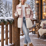Retro Chic Pink Herringbone Wool Blend Sherpa Collar Gold Button Oversized Coat