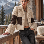 Stylish and Warm Cream and Brown Colorblock Cropped Faux Shearling Coat