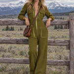 Women's Olive Green Fleece Zip-Up Jumpsuit With Lime Contrast Trim, Retro Wide-Leg