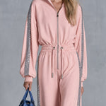 Retro Casual Silver Ribbon Pink Stand-up Collar Waist-cinching Cotton Jumpsuit