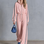 Retro Casual Silver Ribbon Pink Stand-up Collar Waist-cinching Cotton Jumpsuit