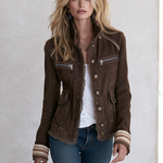 Vintage Boho Brown Lace Trim Striped Cuff Fitted Button Front Denim Jacket