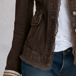 Vintage Boho Brown Lace Trim Striped Cuff Fitted Button Front Denim Jacket