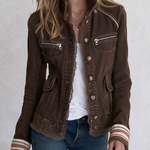 Vintage Boho Brown Lace Trim Striped Cuff Fitted Button Front Denim Jacket
