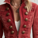 Vintage Military Red Washed Double Row Bronze Button Fitted Denim Band Jacket