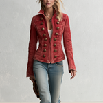 Vintage Military Red Washed Double Row Bronze Button Fitted Denim Band Jacket