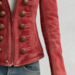 Vintage Military Red Washed Double Row Bronze Button Fitted Denim Band Jacket