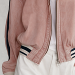Retro Sporty Pink Washed Striped Rib Trim Oversized Zip Up Denim Bomber Jacket