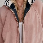 Retro Sporty Pink Washed Striped Rib Trim Oversized Zip Up Denim Bomber Jacket