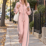 Retro Casual Silver Ribbon Pink Stand-up Collar Waist-cinching Cotton Jumpsuit