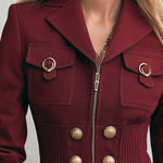 Vintage Military Burgundy Gold Button Zip Front Pintuck Waist Fitted Peplum Jacket