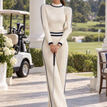 Retro Casual Color-blocked White Knit Top And Pants Set
