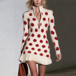 Retro Cream Mohair Polka Dot Ruffle Hem Knit Mini Dress