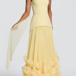 Serafina Strapless Back Lace-up Handcrafted Floral Appliqués Pleated Hem Gown Maxi Dress