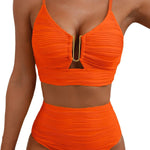 Solid Color V-neck Hollowed-out Pleated High Waist Stretch Two-Piece Bikini Swimsuit