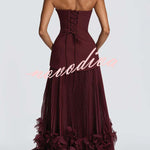 Serafina Strapless Back Lace-up Handcrafted Floral Appliqués Pleated Hem Gown Maxi Dress