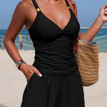 Solid Color V-neck Casual Pocket Stretch Two-piece Swimsuit