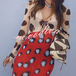 Sabine Animal and Butterfly Print Colorblock Long Sleeve Bias Cut Maxi Dress
